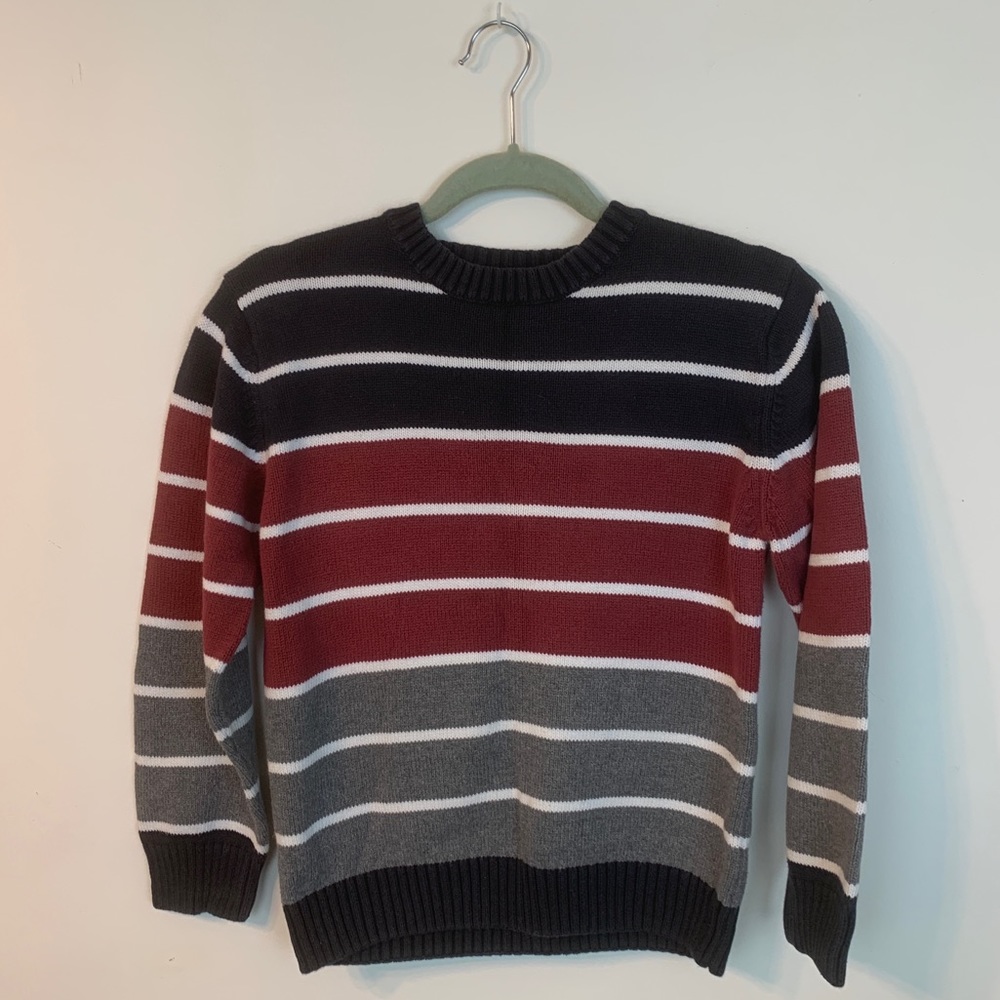 Striped red, navy, grey and white sweater